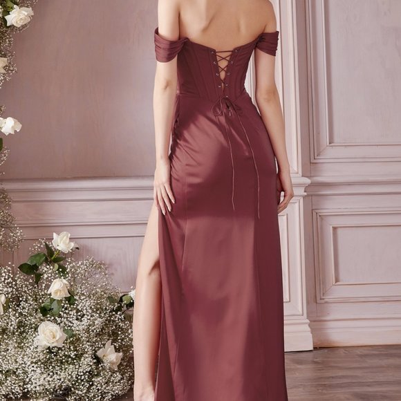 ROSEWOOD COLOR  PROM PARTY EVENING OFF SHOULDER CORSET SOFT SATIN DRESS CD 7484 - Picture 4 of 8